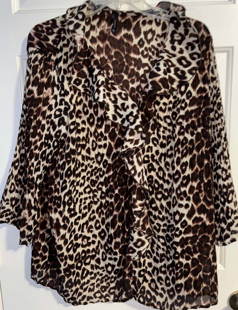 New Directions Blouse Womens 2X Leopard Cheetah Print Ruffle Neck 3/4 Sleeve